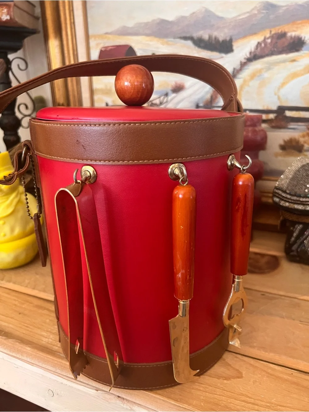 Vintage Mid Century MOD Goerges Briard RARE Red Faux Leather Ice Bucket & Tools